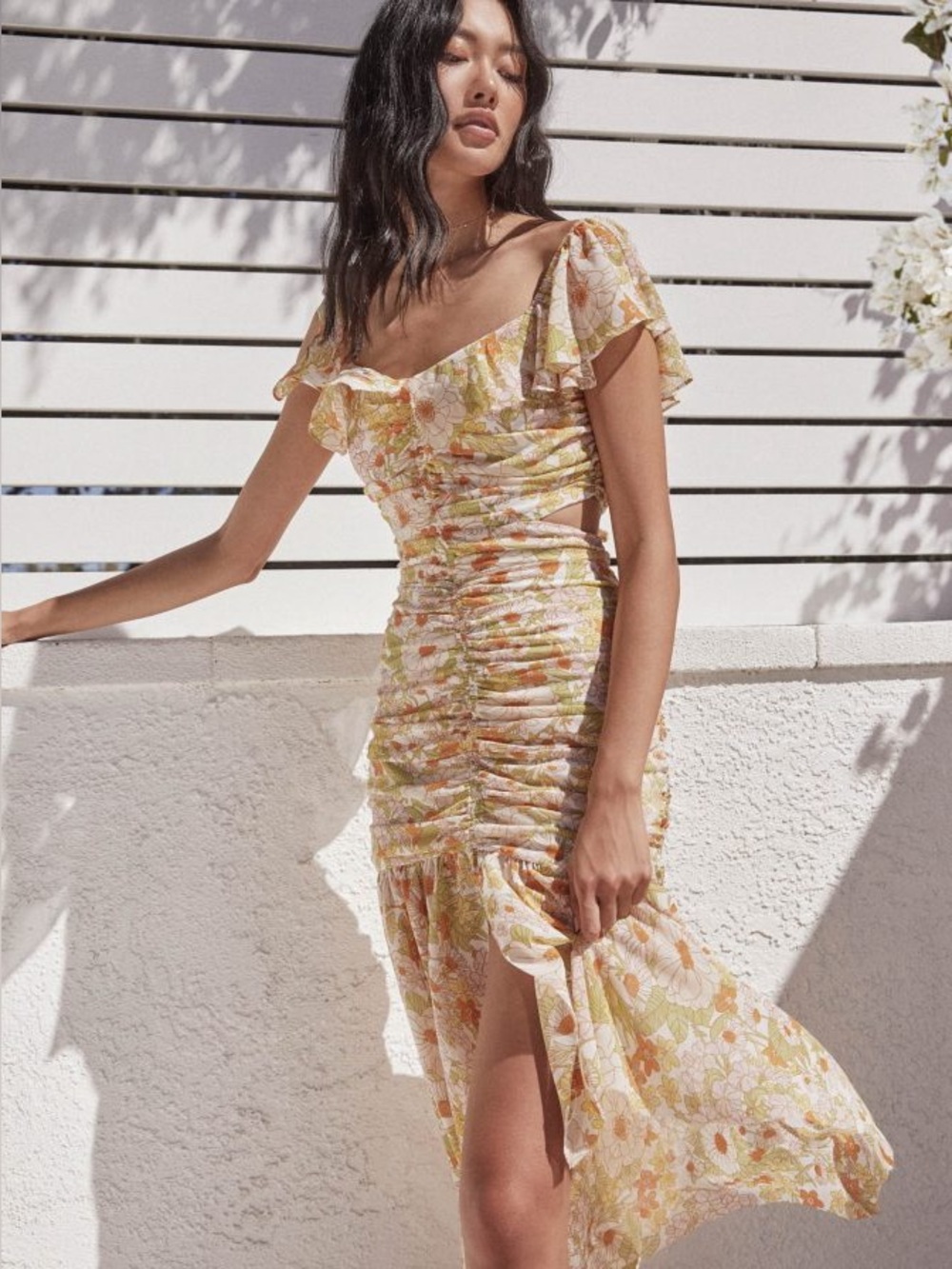 ASTR the Label Floral Ruching Midi Dress in Yellow and Orange